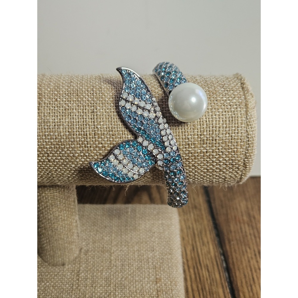 Sparkly Mermaid Tail Blue Crystal & Pearl Adjustable Cuff Bracelet Coastal Beach